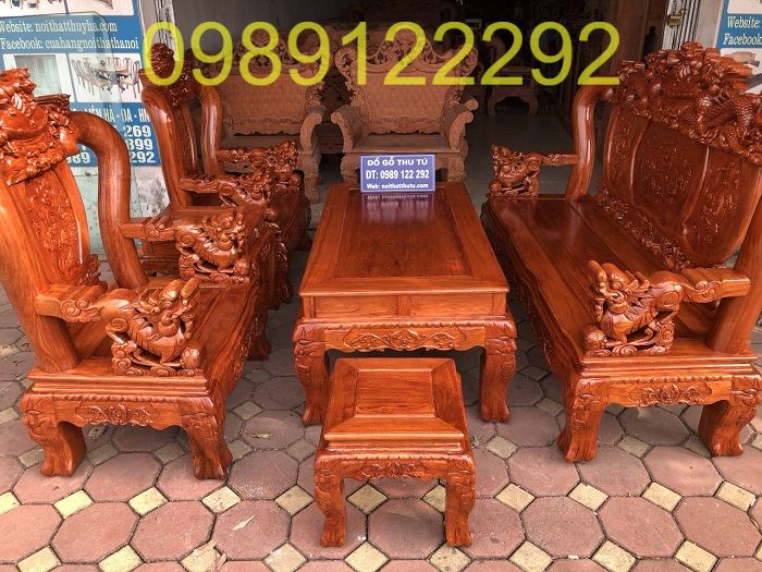 Bộ Bàn Ghế Nghê Bảo Đỉnh Tay 12 Gỗ Hương Vân 6 Món