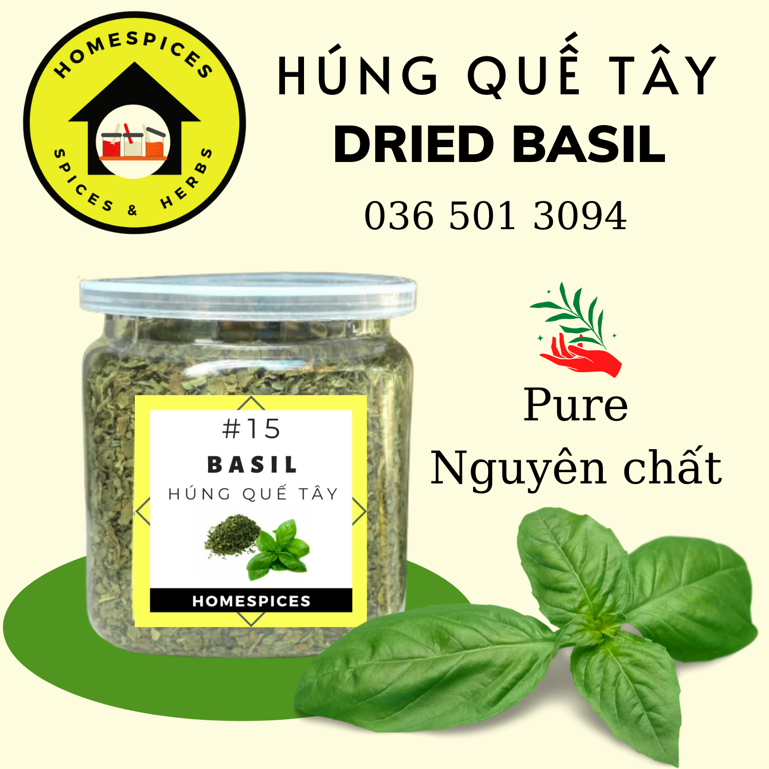 Lá thơm Húng quế tây sấy khô -  Dried Basil ướp gà KFC, sốt Pizza, mì Ý spaghetty , ướp thịt ,tạo mùi thơm đặc trưng nhập khẩu Châu Âu HOMESPICES gia vị của mọi nhà homespices Herbs