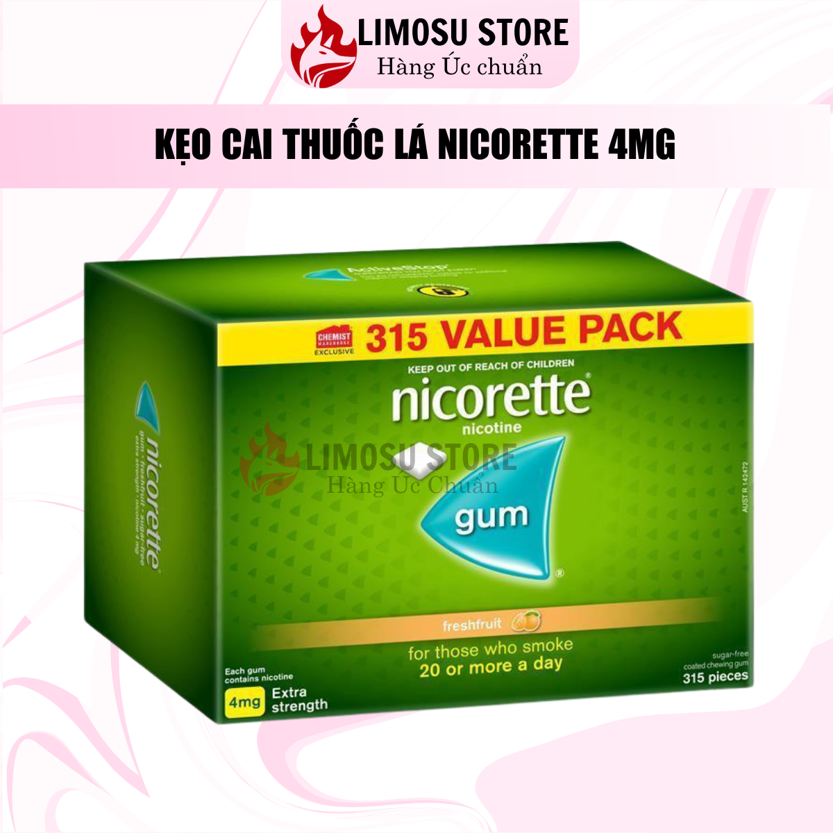Kẹo cao su cai thuốc lá, thuốc lào Nicorette 4mg - Hàng Úc ( date 2027, 2028)