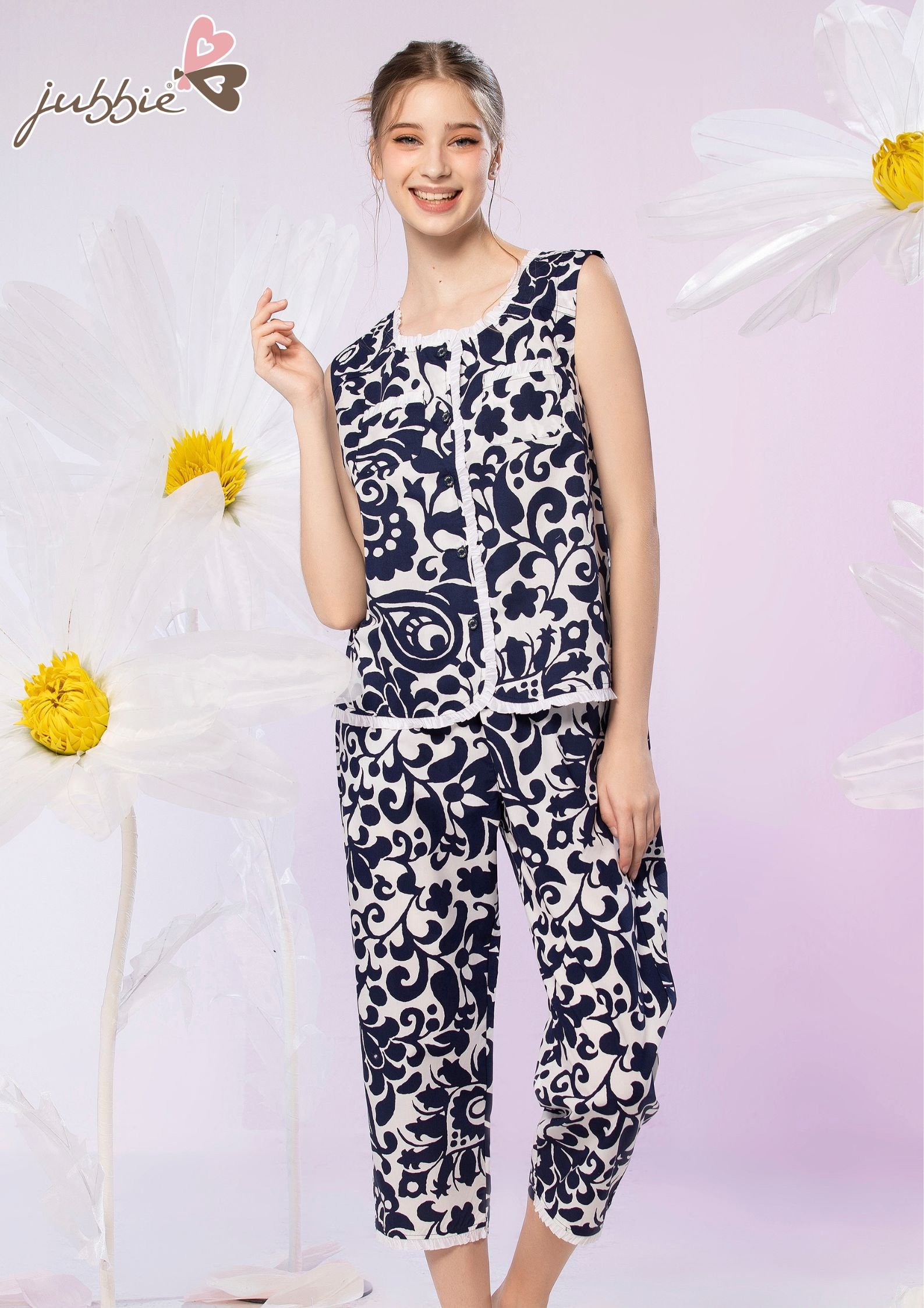 Bộ lửng áo cổ tròn nẹp ren trắng vải kate mặc nhà jubbie 2279