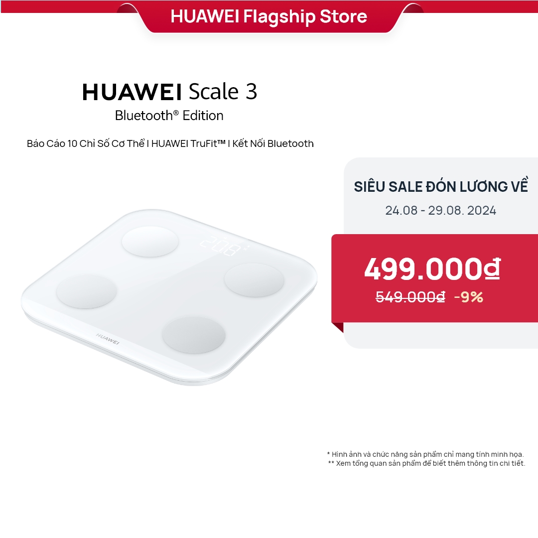 Cân điện tử HUAWEI Scale 3 Bluetooth®Edition | Báo cáo 10 chỉ số cơ thể | HUAWEI TruFitᵀᴹ | Kết nối Bluetooth