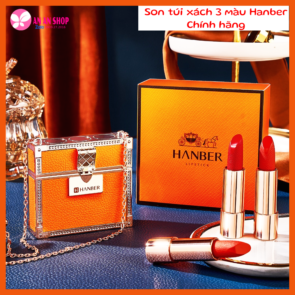 Son túi xách Hanber , Set son môi túi xách Hanber 3 màu hộp cam sang trọng