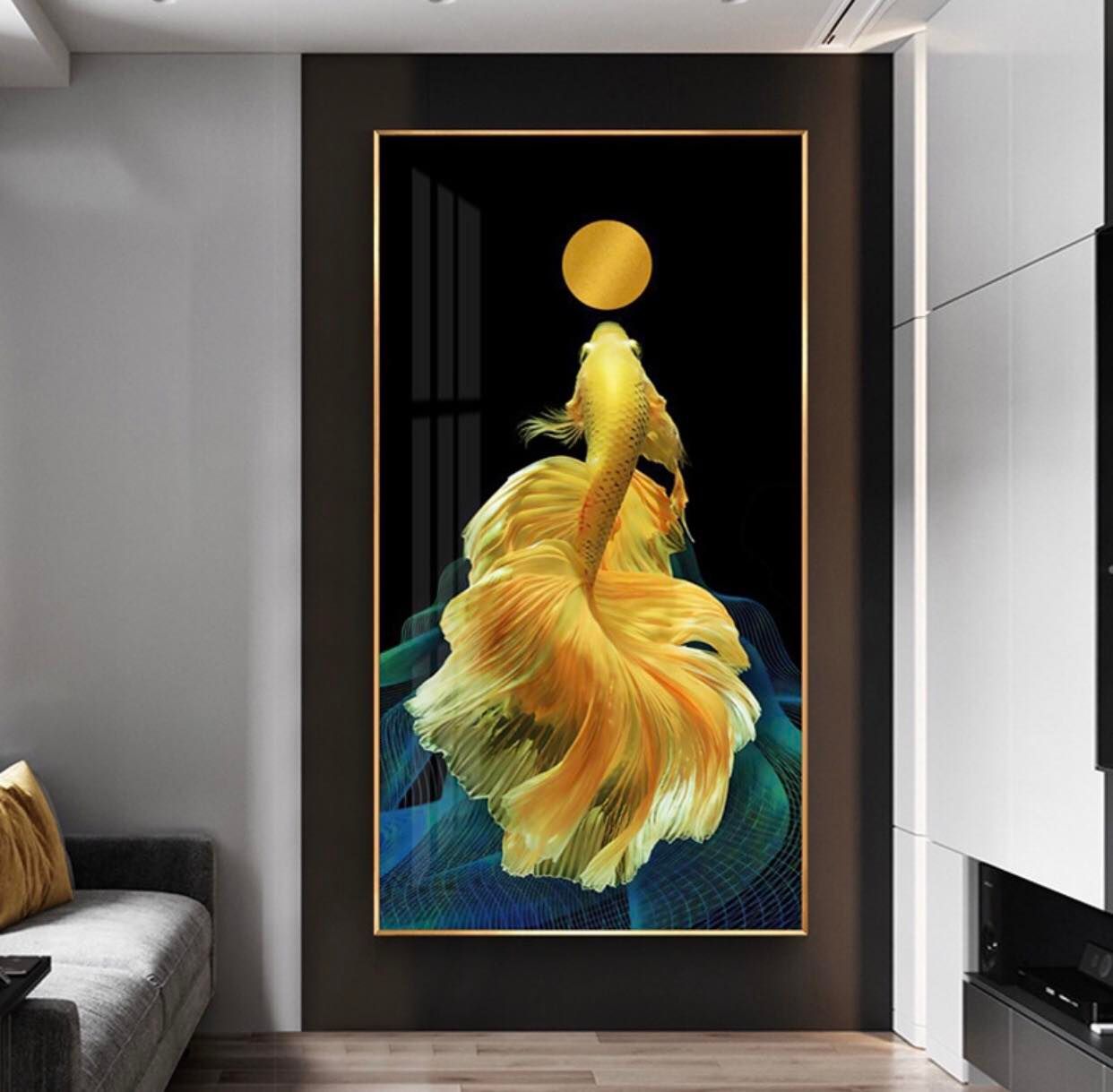 Tranh đính đá Cá Chép Vàng Mặt Trăng - kích thước :50x90cm