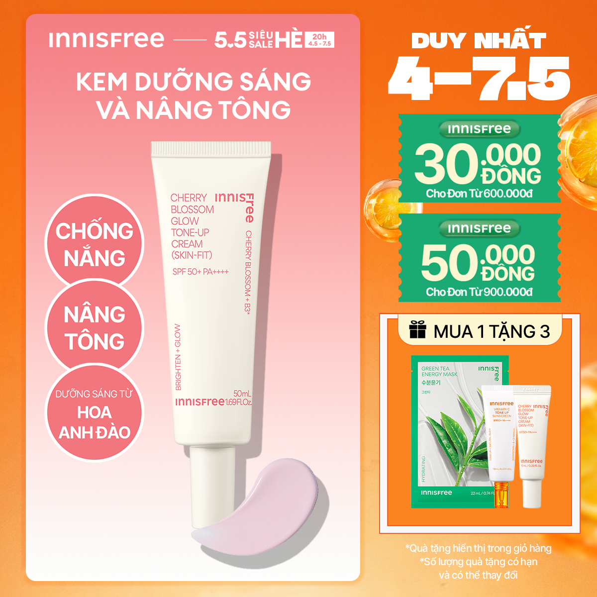 Kem dưỡng ẩm làm sáng chống nắng cho da INNISFREE Jeju Cherry Blossom Skin-Fit Tone-Up Cream SPF 50+PA++++ 50ml