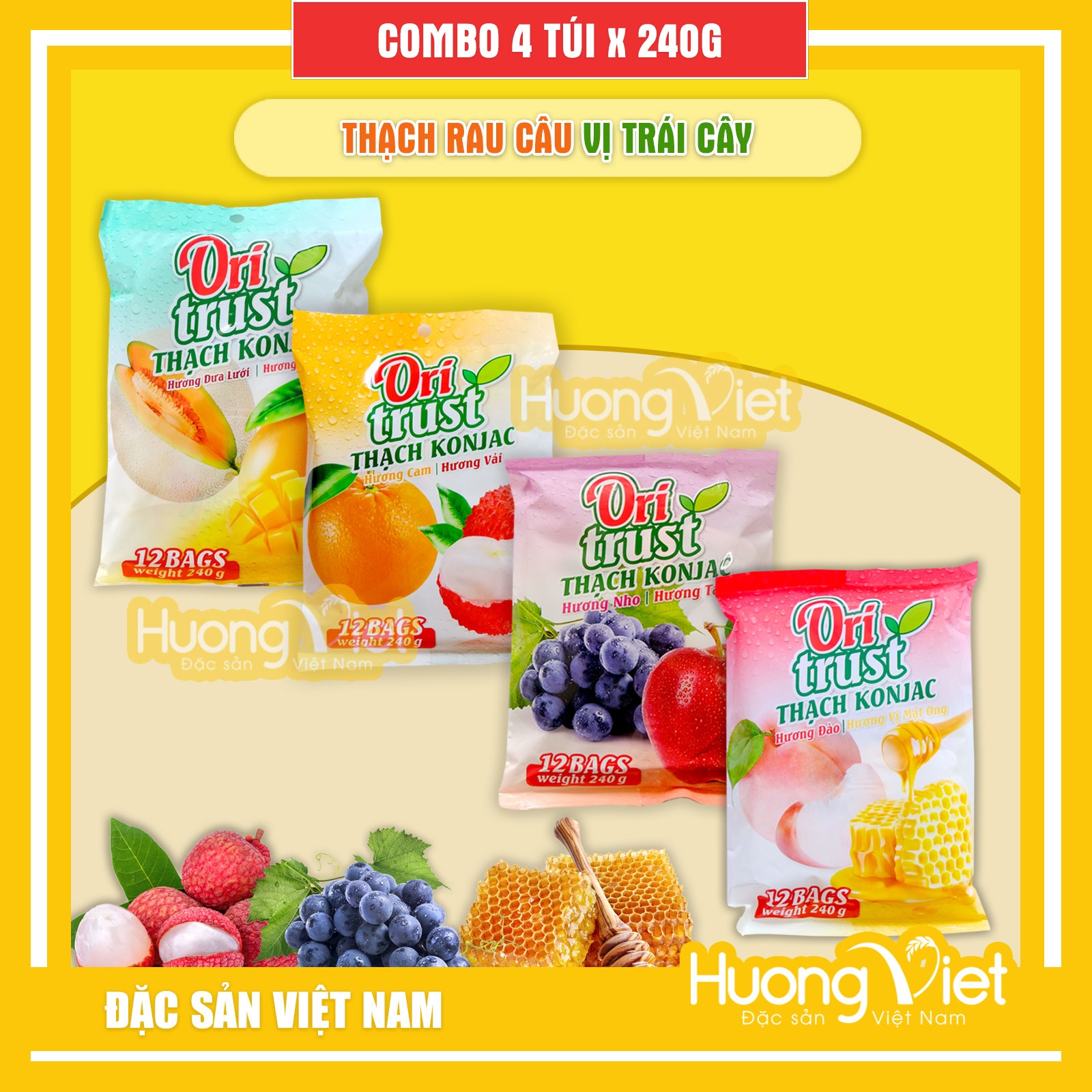 Combo 4 gói thạch trái cây 8 vị Ori Trust 240gr, thạch rau câu dẻo Việt Nam