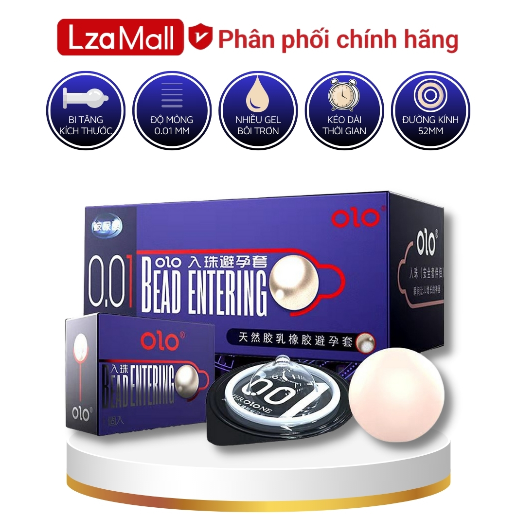 Bao cao su olo 0.01 bead enterring + bi lớn 3cm tăng chiều dài, gel bôi trơn gốc nước kích thích tăng khoái cảm, hộp 10 bcs