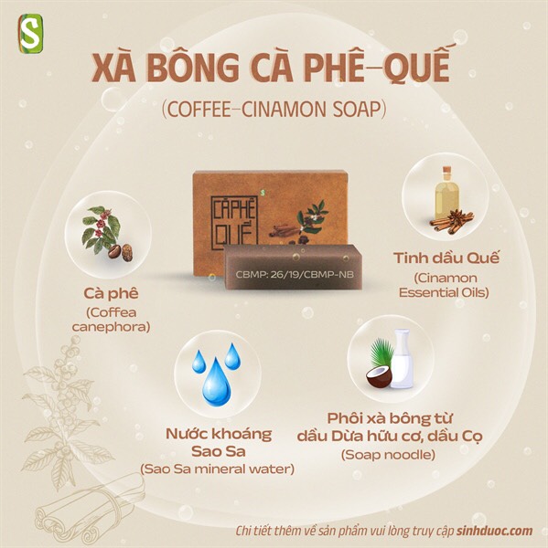 Xà bông cà phê quế htx sinh dược 100g, xà bông thảo mộc dưỡng da, tẩy tế bào chết