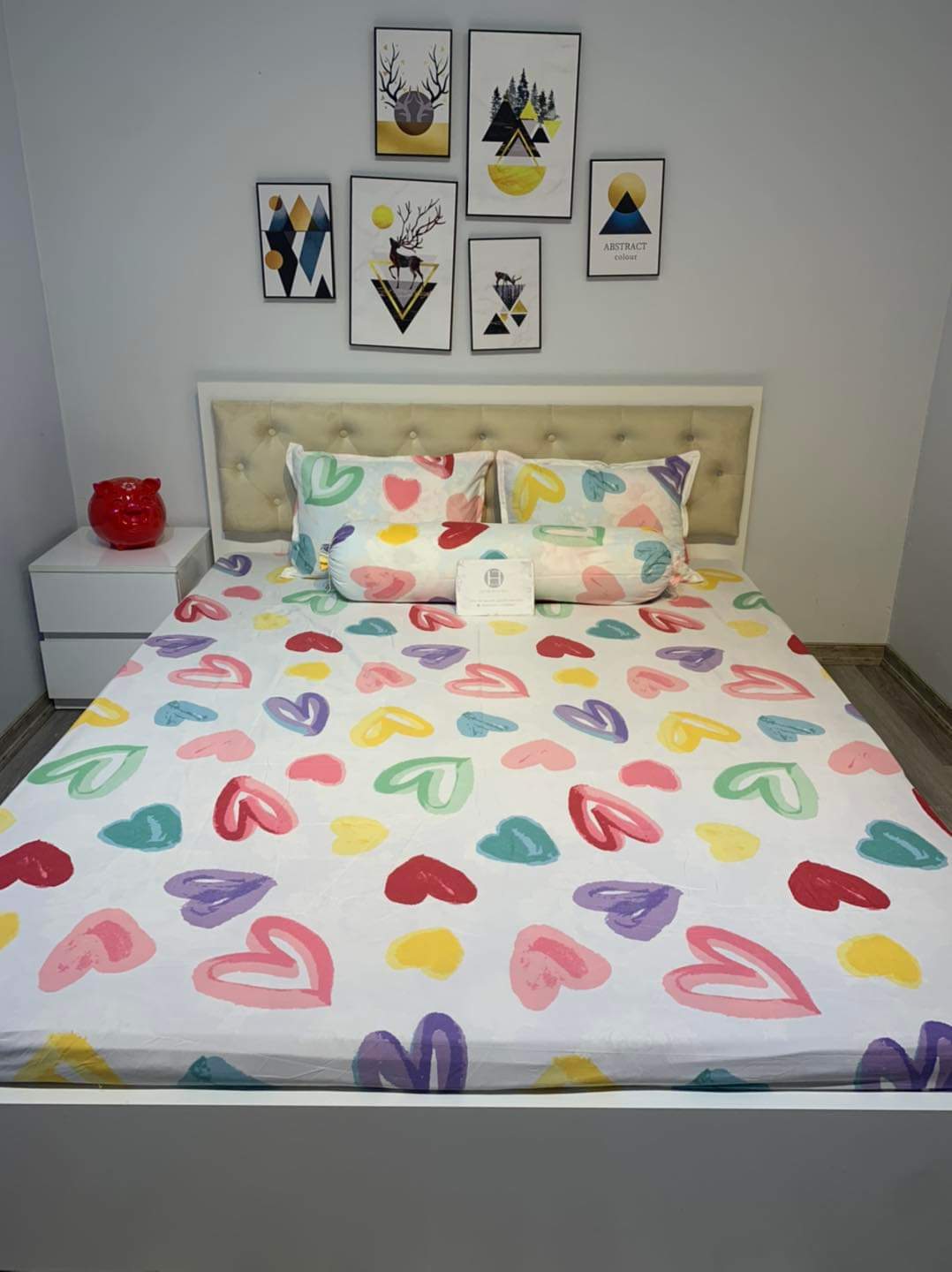 (Gì cũng rẻ)  Ga giường cotton poly mẫu Tim ngũ sắc, ga chun bọc đệm cotton đủ size nệm 1m6 1m8 2m2 - IB shop xem thêm mẫu