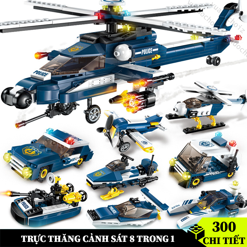 [300 chi tiết] Bộ đồ chơi lắp ráp Cảnh Sát Police, mô hình lắp ráp Máy bay Chiến đấu 8 trong 1, Đồ chơi trẻ em phát triển tư duy