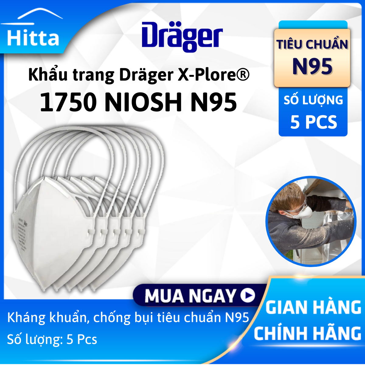 Khẩu trang lọc bụi kháng khuẩn dräger x-plore® 1750 niosh n95 5 cái