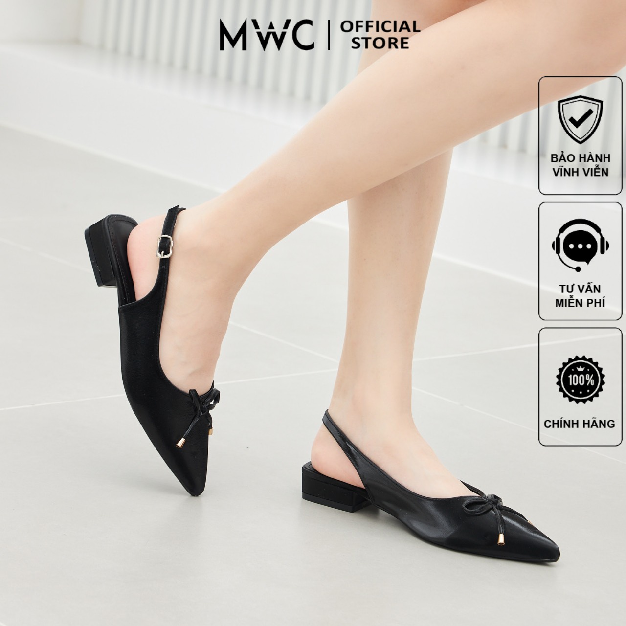 Giày mwc 2270 - giày búp bê mũi nhọn gót vuông 2cm, búp bê đính nơ tiểu thư cực đẹp