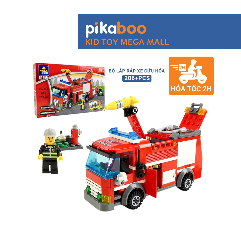 Đồ chơi lắp ráp xếp hình xe cảnh sát cứu hỏa chở hàng cao cấp Pikaboo chất liệu nhựa an toàn