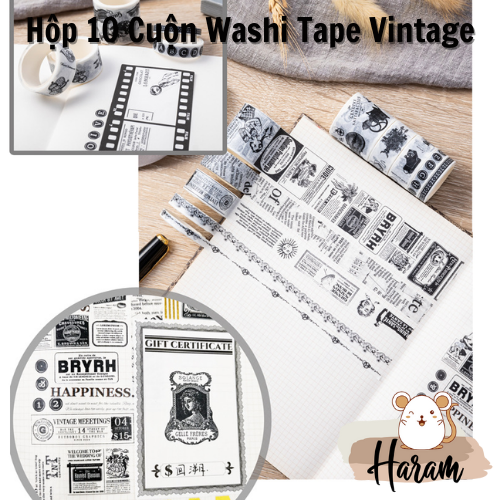 Hộp 10 cuộn Washi Tape Phong cách Retro Vintage