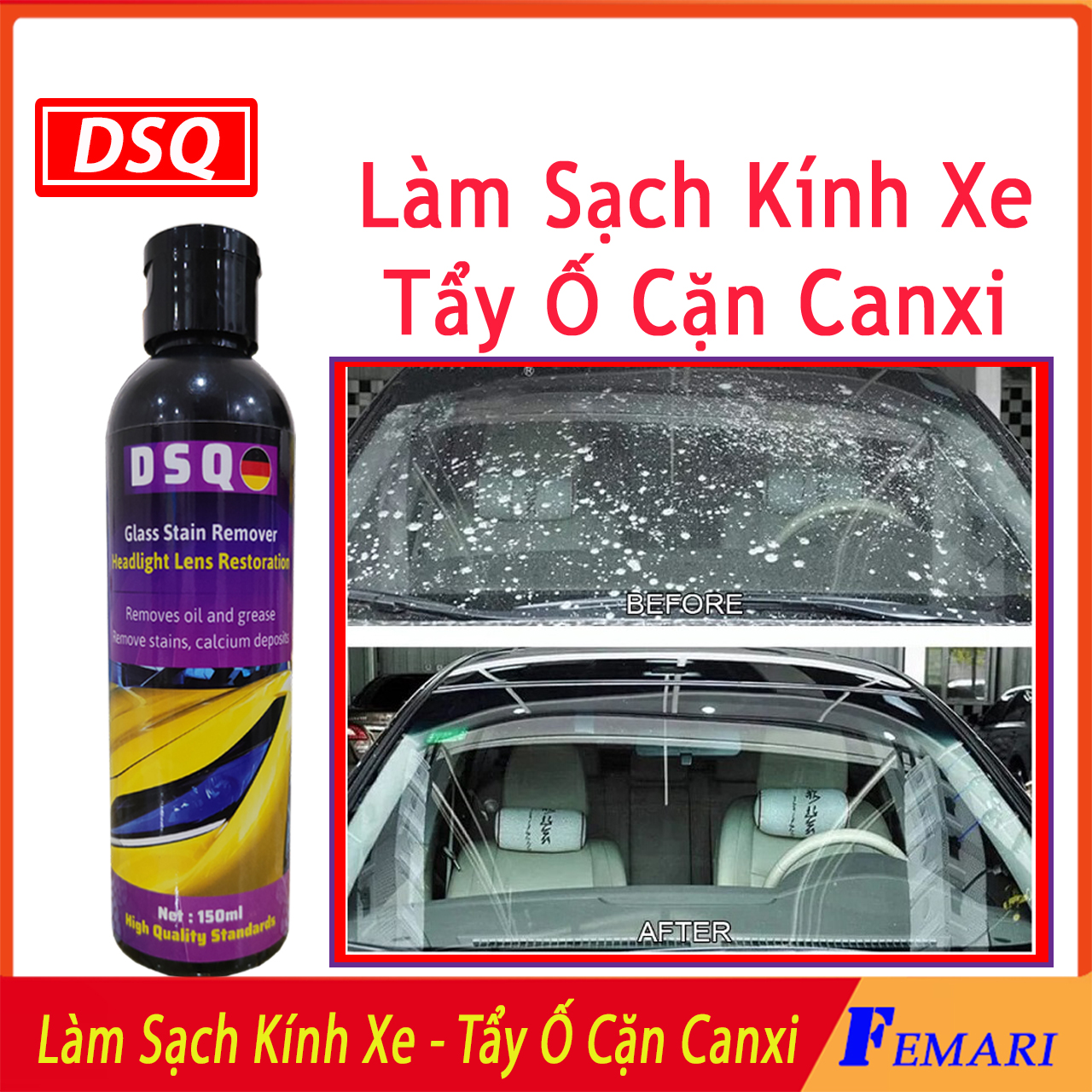 ( Siêu Sạch ) Tẩy Cặn Canxi Trên Kính, Vết Ố Sơn Xe - Tẩy ố kính ô tô - Làm Sạch Cặn Canxi Kính Xe Bị Ố, Mờ Đục FEMARI