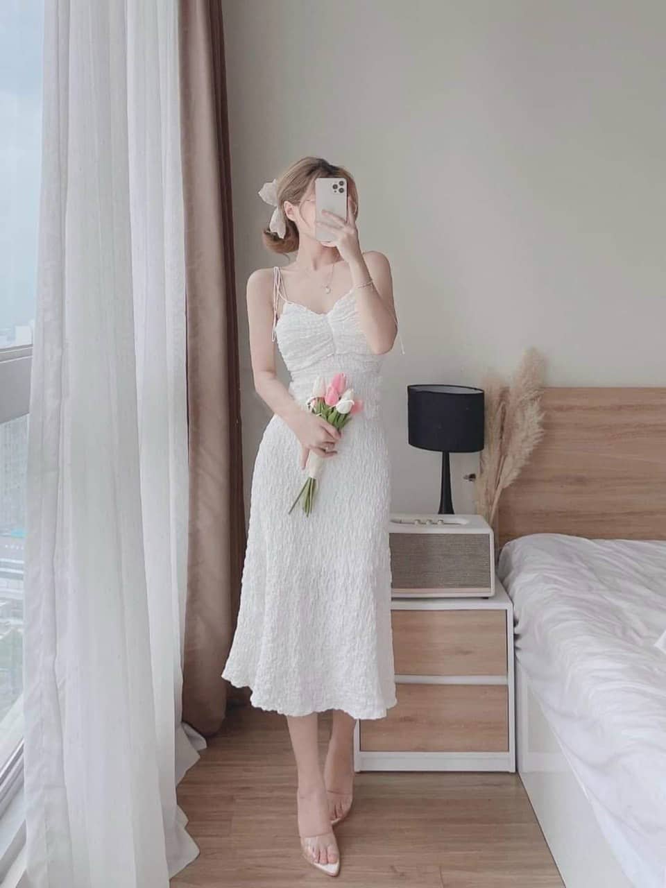 Đầm nữ kiểu dáng 2 dây dạng xốp thiết kế 3 món sang trọng tinh tế chất liệu Cotton lạnh phối xốp dập thời trang HARI