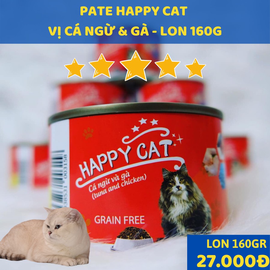 Pate Happy Cat cho mèo mọi lứa tuổi lon 160gr date 2023 vị cá ngừ - cá ngừ thanh cua - cá ngừ cá cơm - Cá Ngừ & Cá Cơm