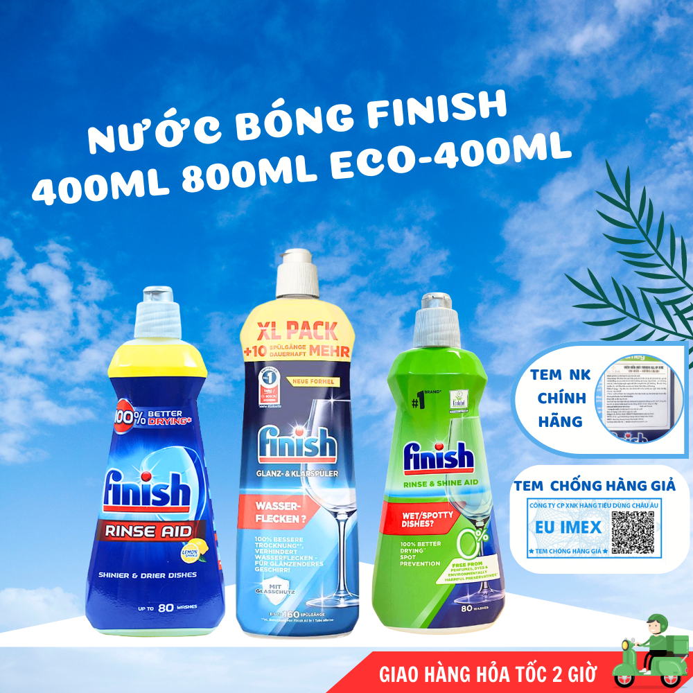 Nước làm bóng finish 1200ml 800ml 400ml dùng cho máy rửa bát Dầu bóng Finish chất trợ xả, nước làm bóng bát chén ly