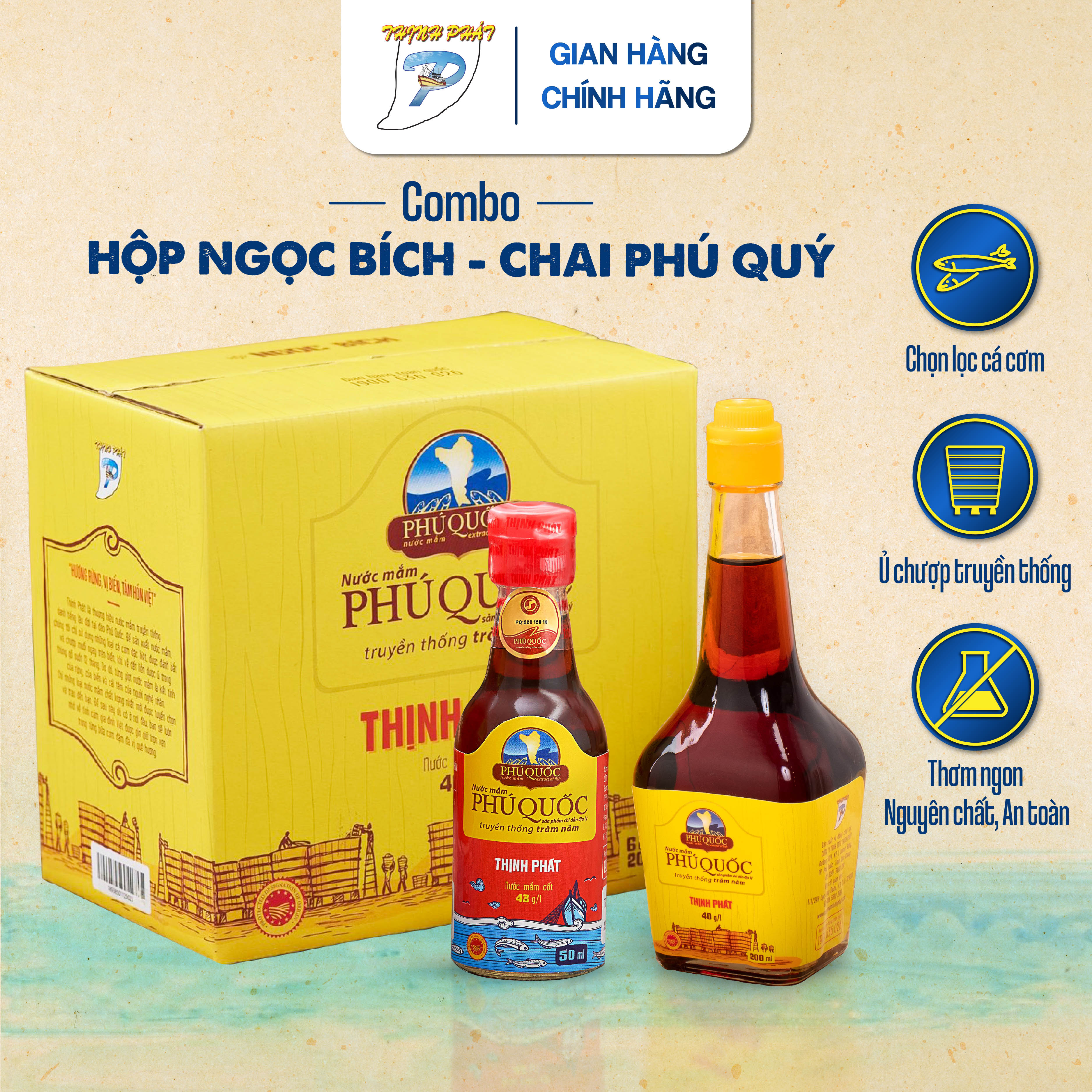 Combo hộp 6chai Ngọc Bích 200ml 40 độ đạm và 1chai Phú Quý 50ml 43 độ đạm nước mắm truyền thống Phú Quốc Thịnh Phát- chai thuỷ tinh