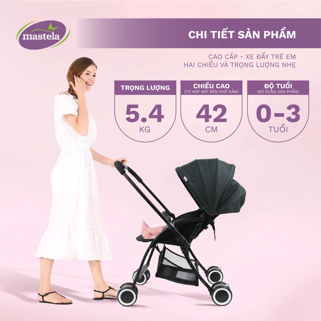 Xe đẩy 2 chiều cho bé sơ sinh tới 30kg chống tia UV aluminium, Mastela Premium T05S. Bảo hành 12 tháng, gập gọn - Màu Đen:5240