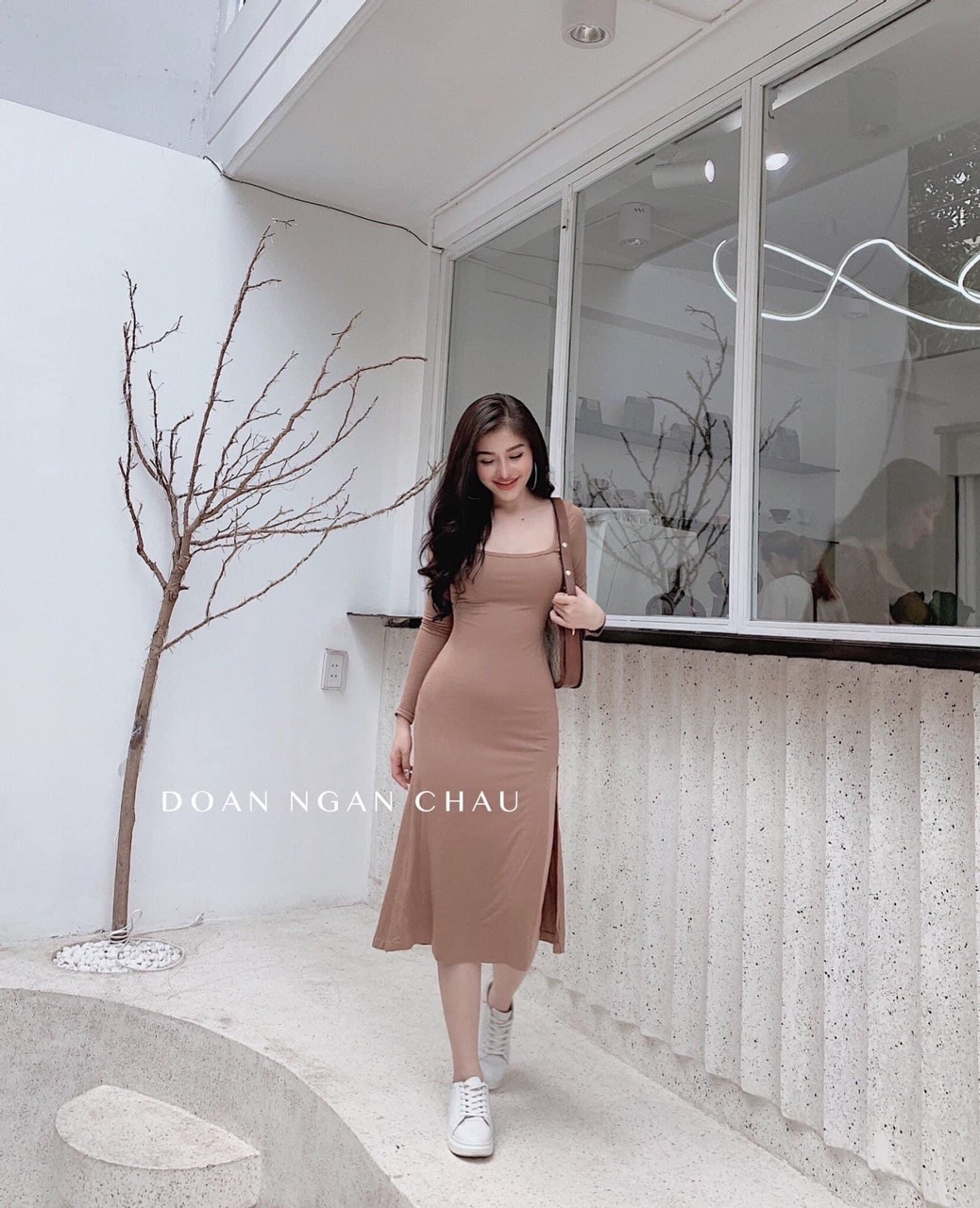 đầm xẻ tà chất thun coton tay dài from dáng y hình