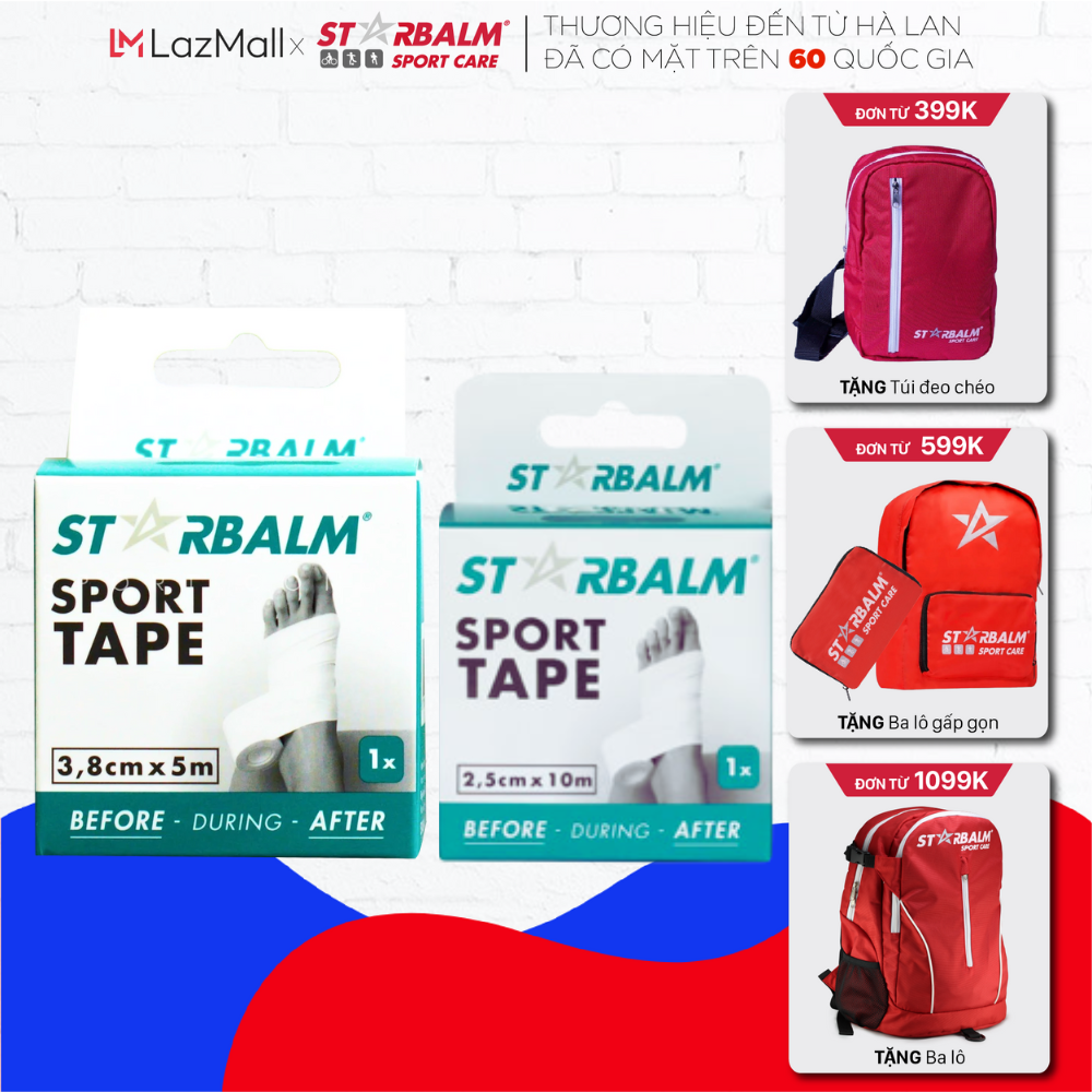 Bộ 2 Băng Vải Thể Thao Sport Tape Starbalm 2,5cm x 10m & 3,8cm x 10m, Cố Định Khớp Tay, Chân, Gối, Bảo Vệ Khớp Khi Chơi Bóng Đá, Cầu Lông...