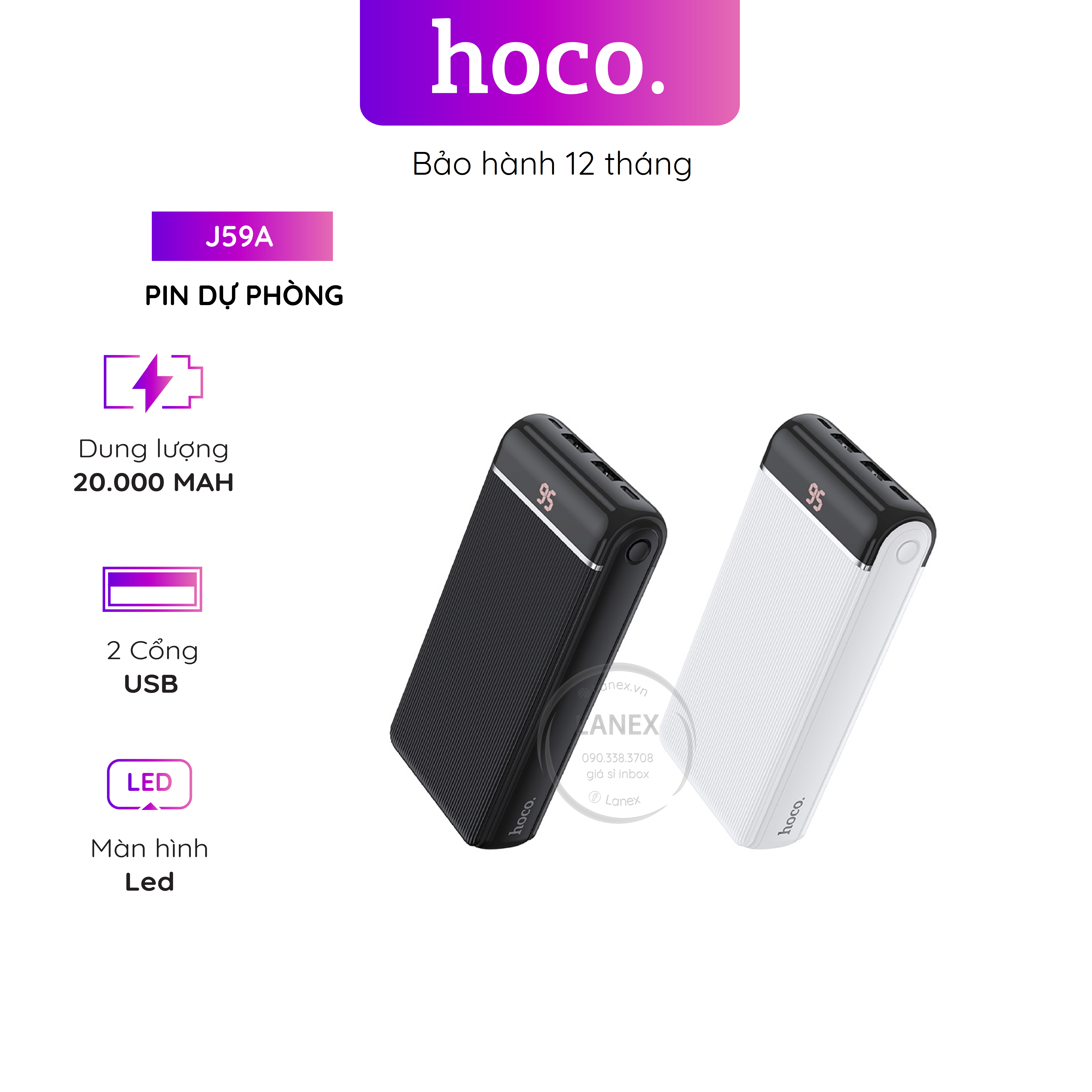 Pin sạc dự phòng Hoco J59A 20000mah 2 cổng USB 2.0A màn hình led bảo hành 12 tháng