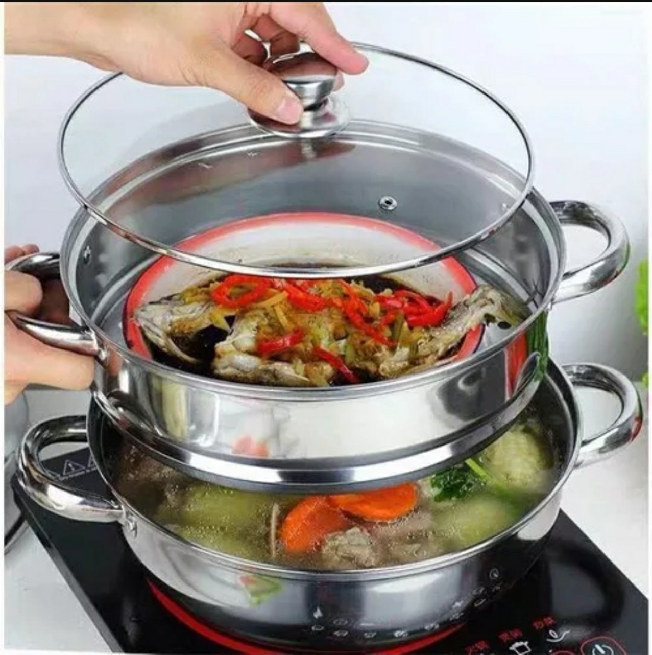 Nồi hấp inox 2 tầng hotpot size 28cm đa năng, nồi hấp bánh bao, hấp trứng, bộ xửng hấp inox 28cm cao cấp nắp kính dùng được cho mọi loại bếp..