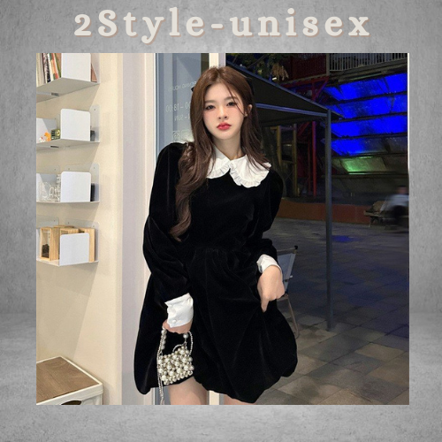 Váy nhung liền phối cổ sen tay dài, Váy nhung basic 2 màu đỏ, đen vải nhung Quảng Châu dày dặn ấm áp 2style_unisex