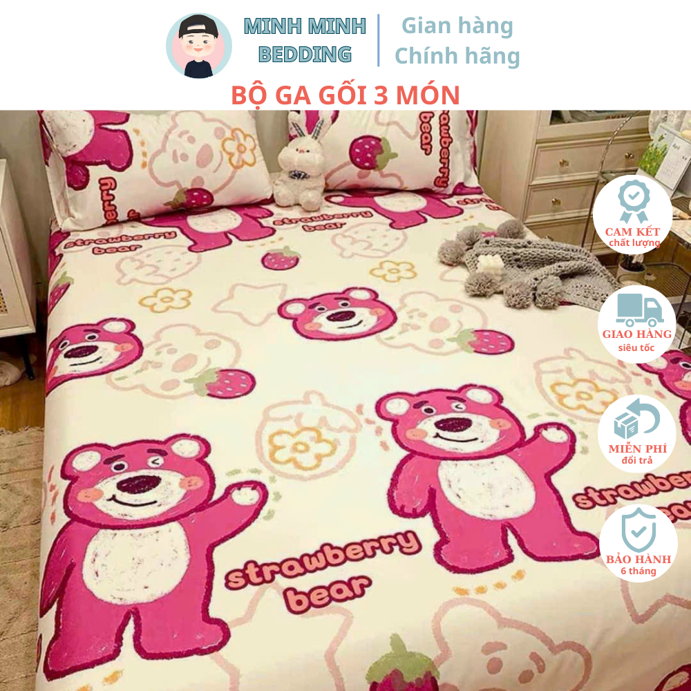 Ga trải giường, Ga chun bọc đệm kèm 2 vỏ gối hoạ tiết GẤU KEM LOSTO nhiều kích thước m2/m6/m8/2m2 vải Cotton Poly mềm mại - MinhMinh Bedding