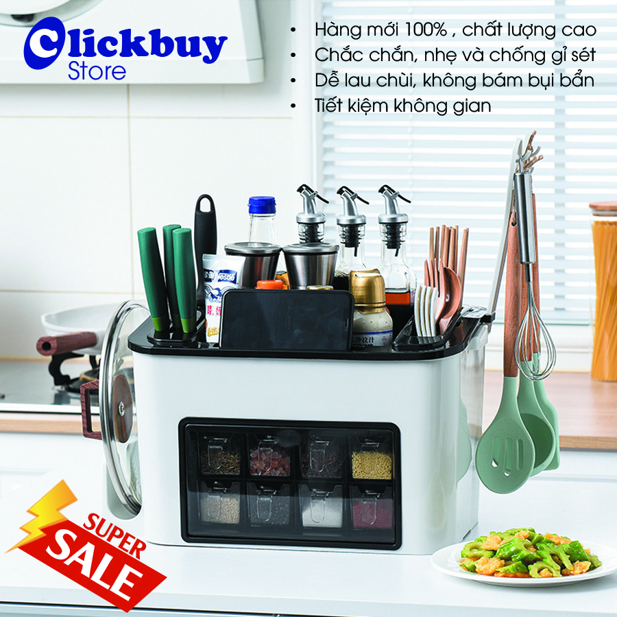 Kệ nhà bếp đa năng 2 tầng có giá để dụng cụ nhà bếp, 8 hộc đựng gia vị