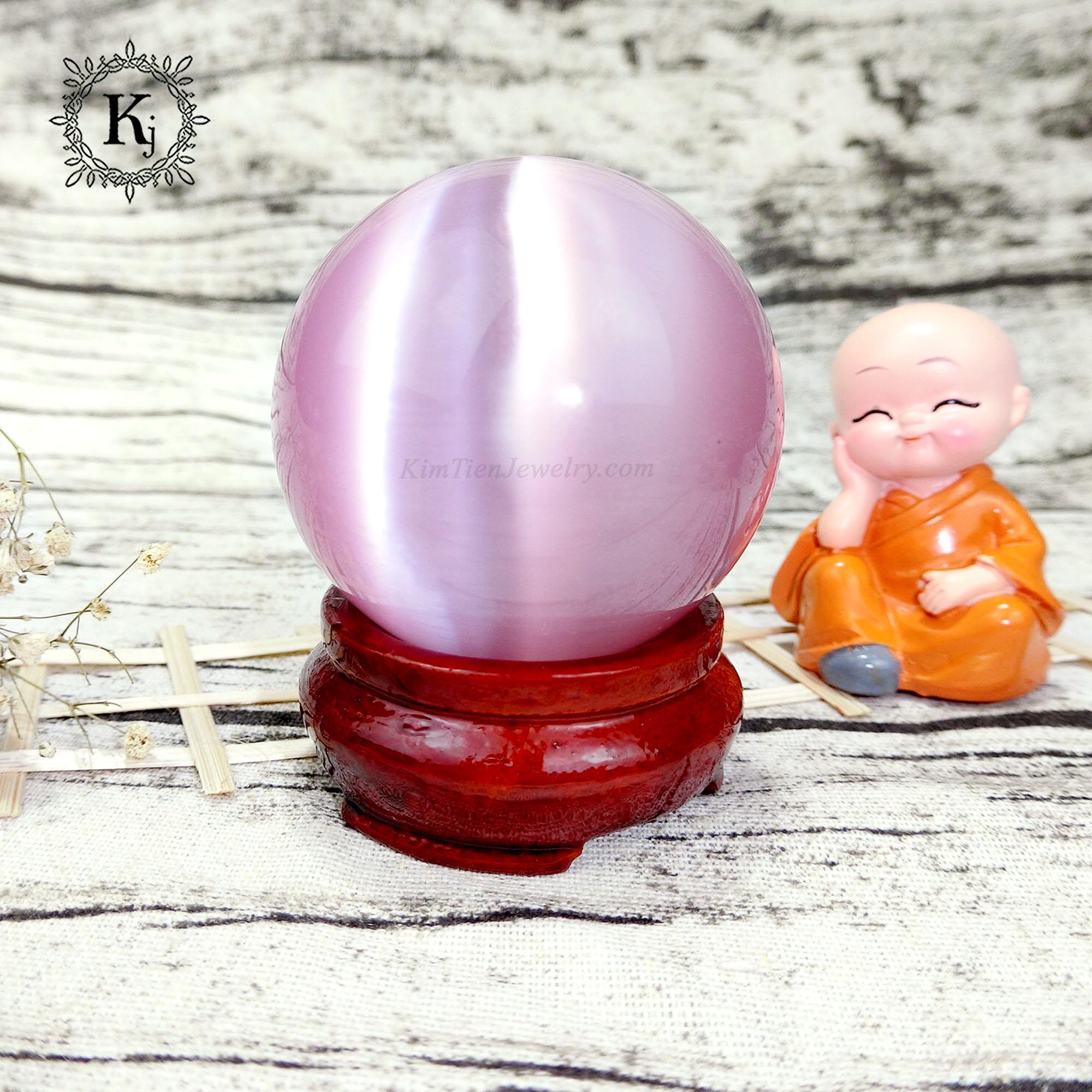 Quả Cầu Phong Thủy Mắt Mèo Hồng - Xoay Chuyển Vận Thế - Thăng Quan Tiến Chức- Hợp Mệnh Hỏa ; Thổ - Tặng Kèm Đế