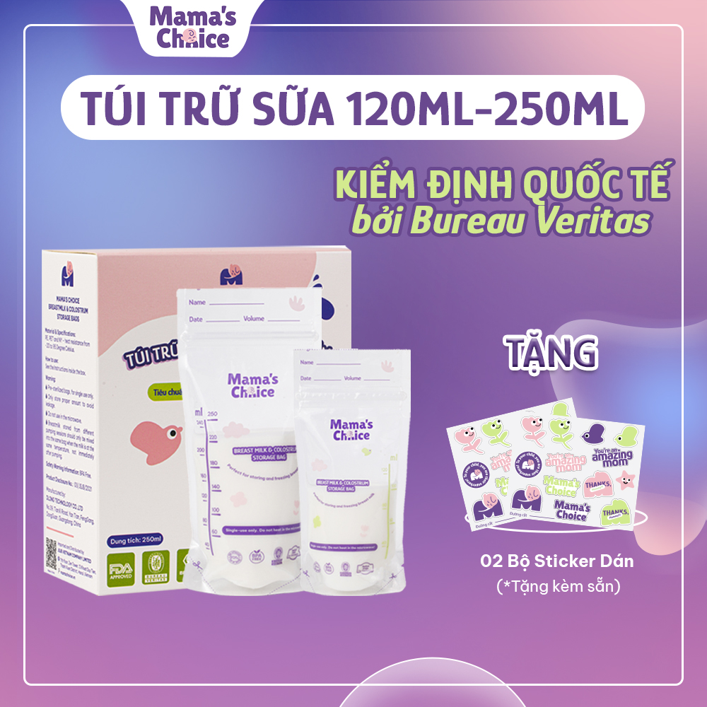 Túi Trữ Sữa Mama's Choice, Túi Đựng Sữa Mẹ Loại 250ml và 120ml, Kiểm Định An Toàn Bởi Bureau Veritas, Hộp 30 Túi