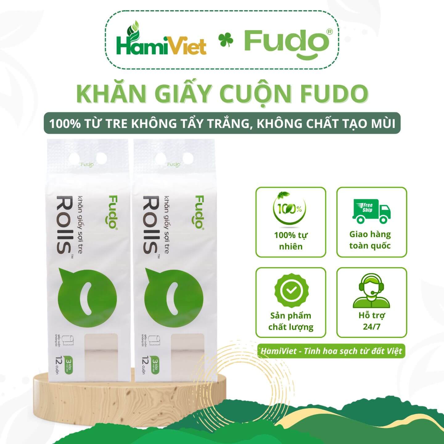 Túi giấy cuộn không lỗi Fudo TissueRoll làm từ sợi tre tự nhiên không hóa chất, không tẩy trắng