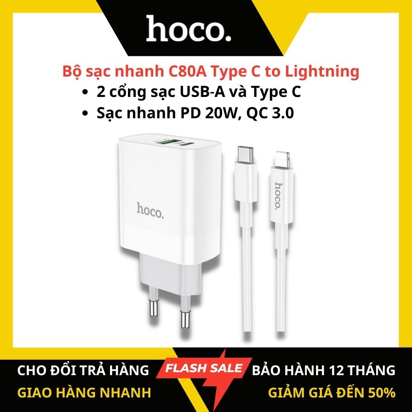 Bộ sạc nhanh iphone hoco c80a type c to lightning sạc nhanh pd20w q.c3.0a 2 cổng cáp type c to lightning dài 1m – kamtrading