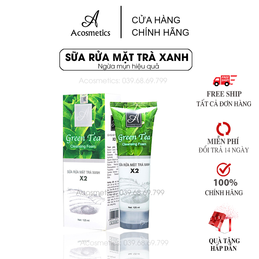 Sữa rửa mặt TRÀ XANH X2 - A Cosmetics Da Dầu Kiểm soát BÃ NHỜN ngăn ngừa mụn giữ Ẩm da, làm sạch sâu bên trong phù hợp với mọi loại da