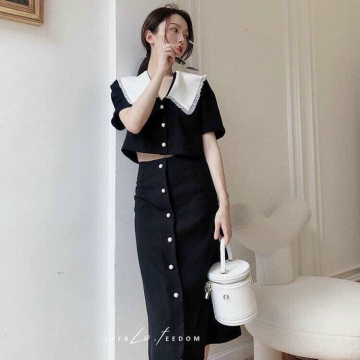 [freeship]set váy nữ gồm áo sơ mi đen đính nút ngắn tay viền cổ trắng và chân váy dài cao cấp thích hợp mặc đi chơi đi du lịch đi ăn cùng với bạn bè - GIRLY STORE