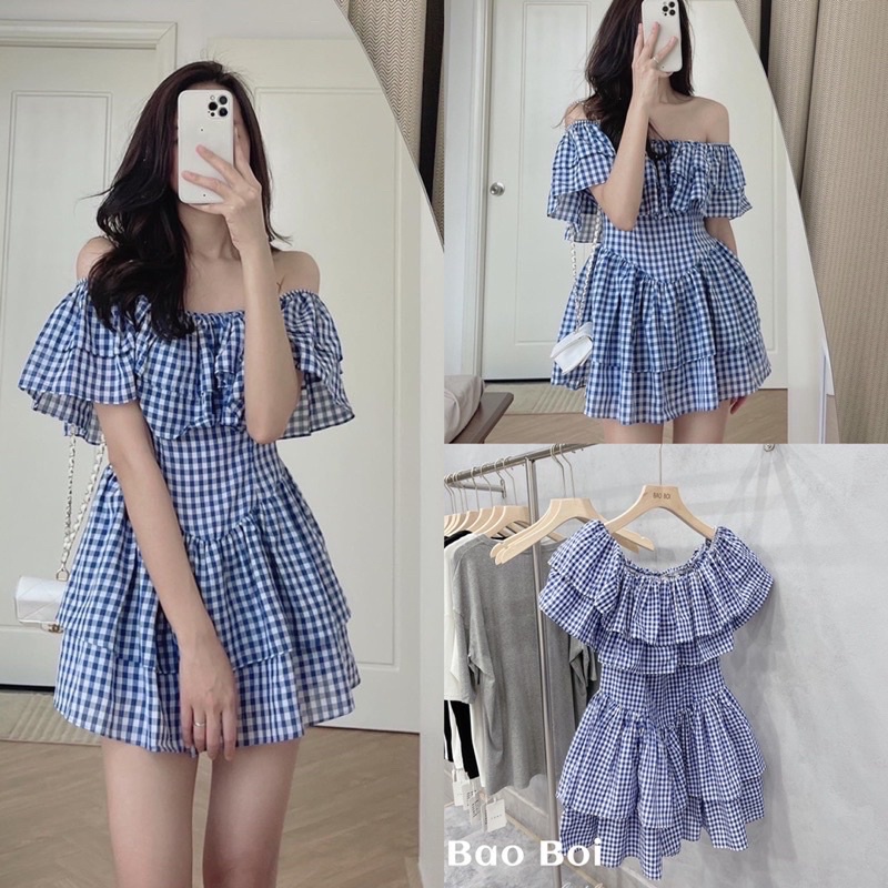 Đầm trễ vai caro bèo tầng - brie clothing