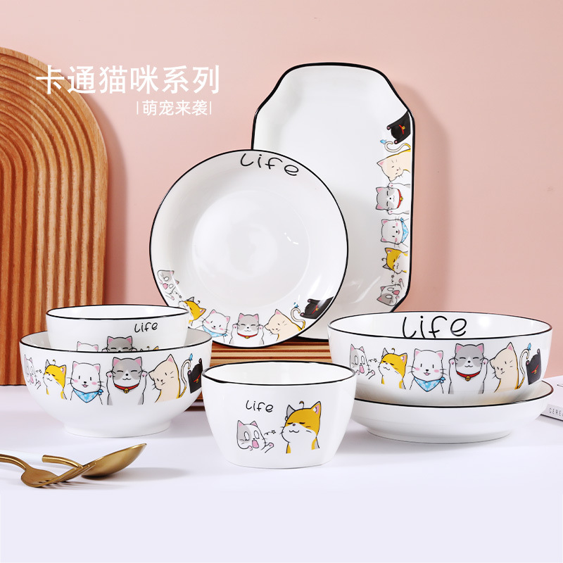 Tô chén dĩa, Chén sứ, dĩa gốm sứ hình mèo con xinh xắn. Hàng cao cấp. Bán lẻ từng sản phẩm.