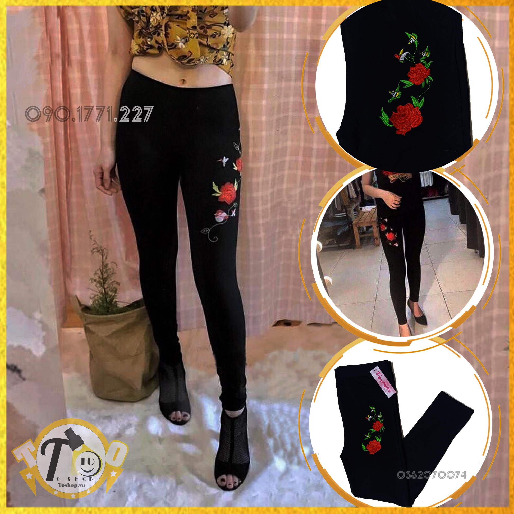 [HCM]Quần legging thêu hoa hồng - thun nữ ôm body [ảnh + video thực tế]