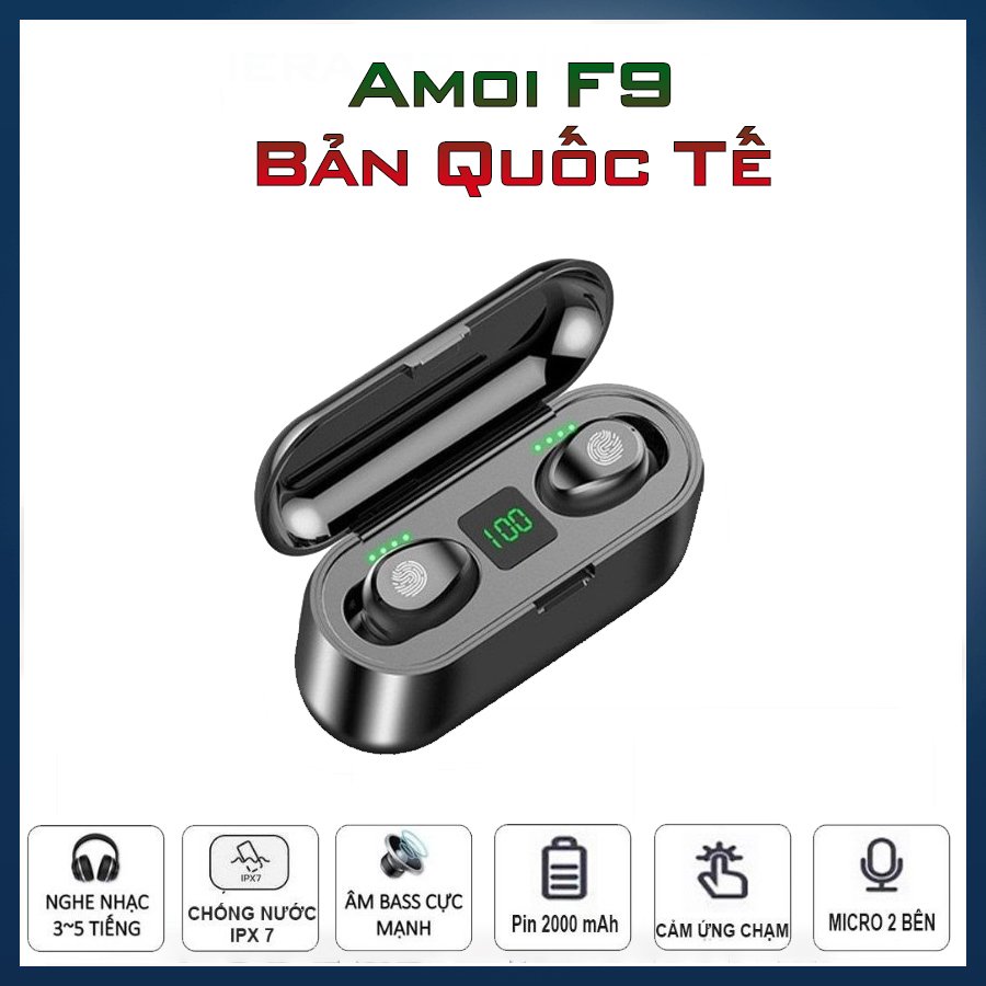 Tai nghe Bluetooth 5.0 không dây TWS Amoi F9, điều khiển cảm ứng, đèn led báo pin, chống nước