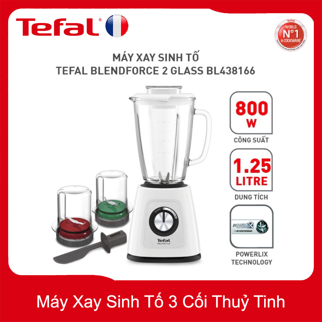 Máy xay sinh tố 1.25 lít 800w tefal 3 cối thuỷ tinh bl438166 - hàng chính hãng, bảo hành 24 tháng