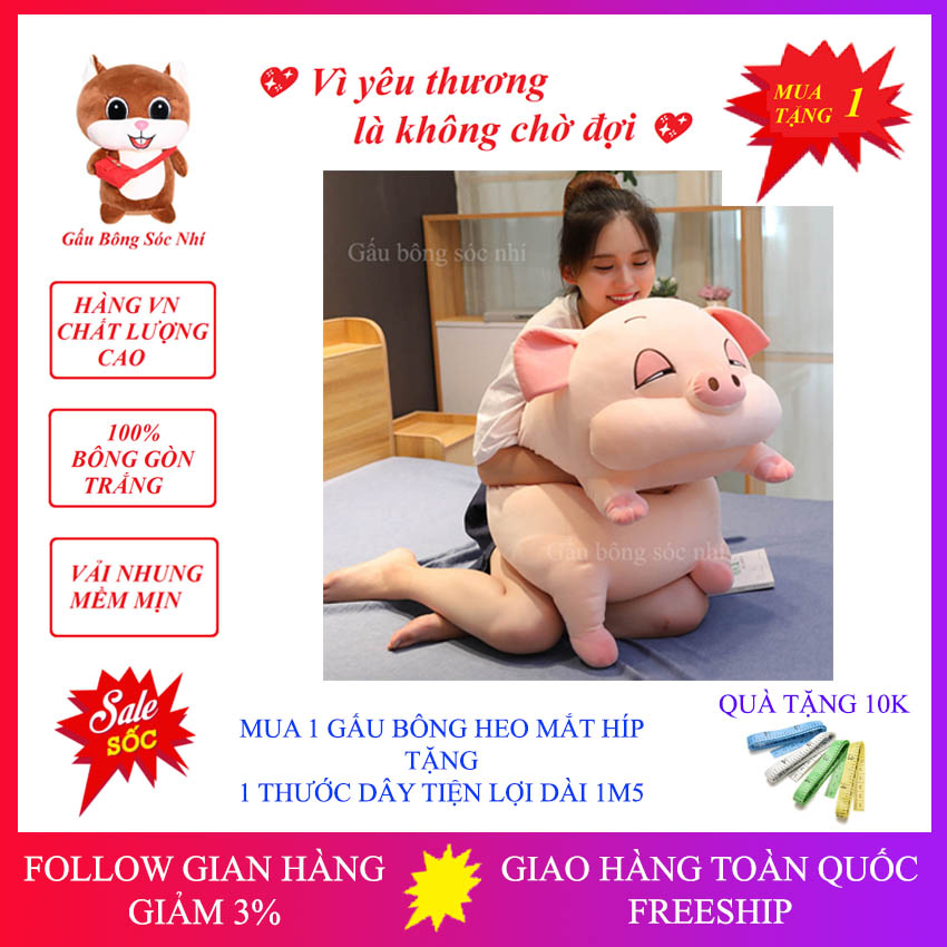 [Mua 1 Tặng 1] Gấu Bông Heo Mắt Híp Xinh Xắn Size 35cm - Gấu Bông Sóc Nhí 07 - Gấu Bông Cao Cấp Vải Nhung Co Giãn 4 Chiều - Mua 1 Gấu Bông Heo Mắt Híp Tặng 1 Thước Dây Tiện Lợi Dài 150cm
