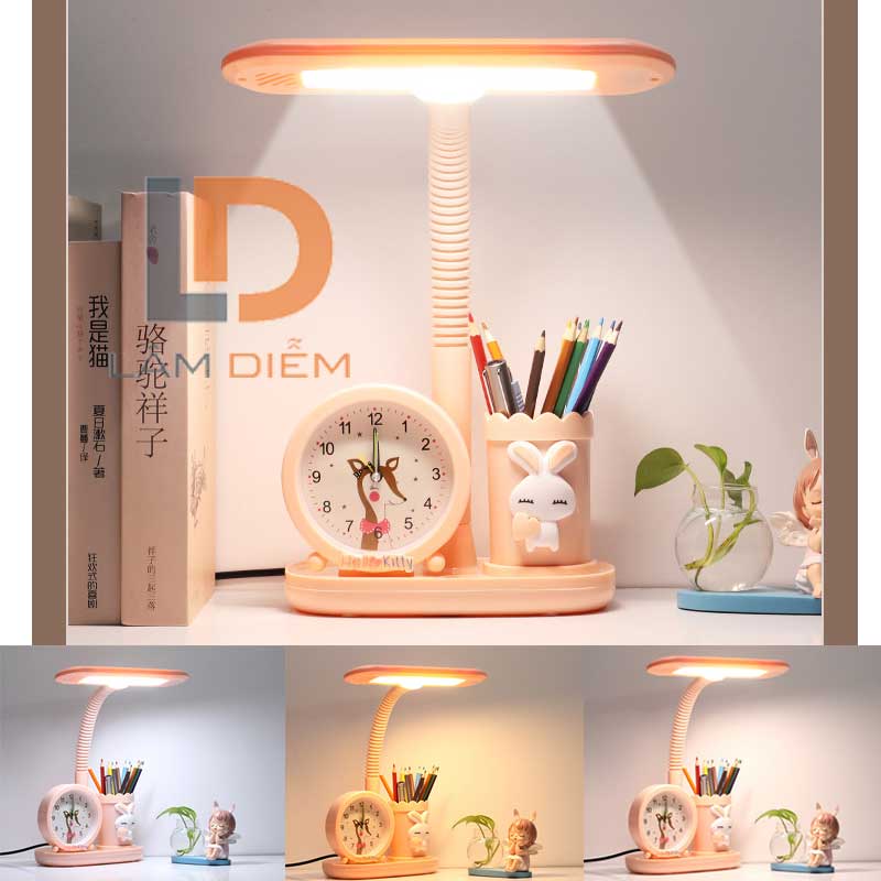 Đèn bàn học chống cận thị 3 chế độ sáng có ngăn đựng viết và đồng hồ 3038