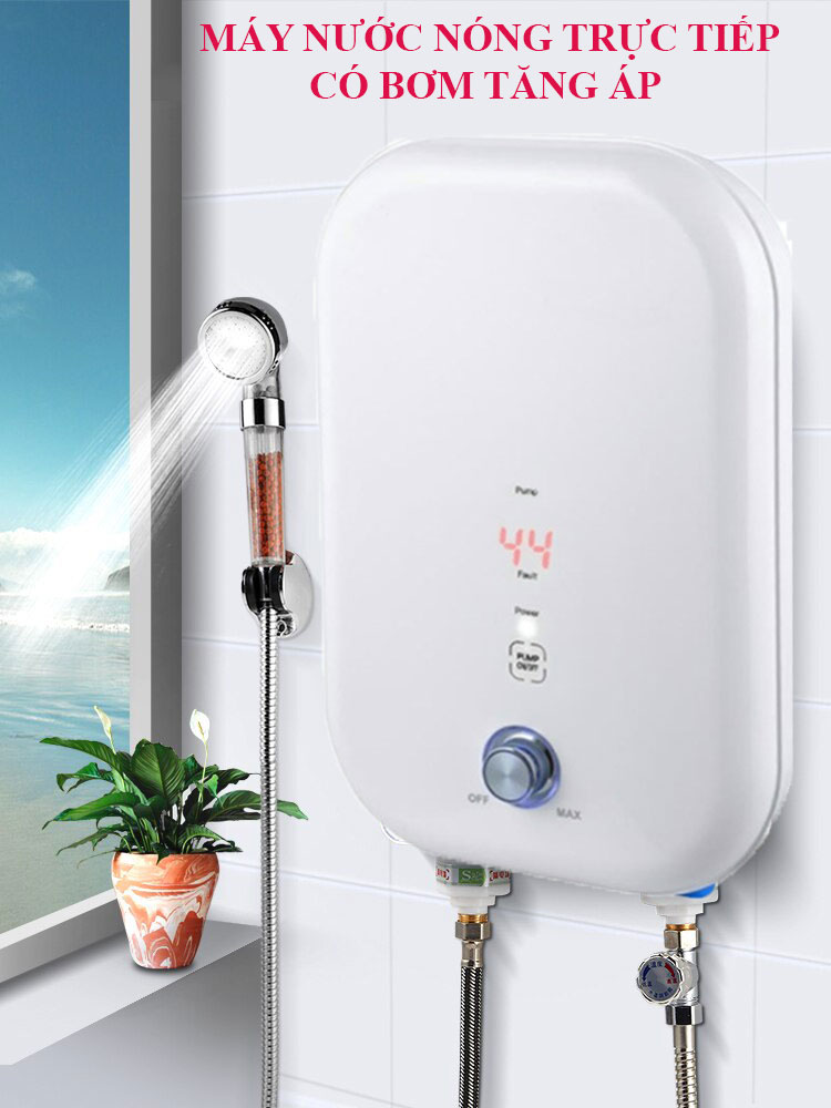 Máy nước nóng trực tiếp có bơm trợ lực bình nước nóng trực tiếp kèm vòi sen chống giật công suất 5500W làm nóng nhanh trong 3 giây an toàn và tiết kiệm điện nước.