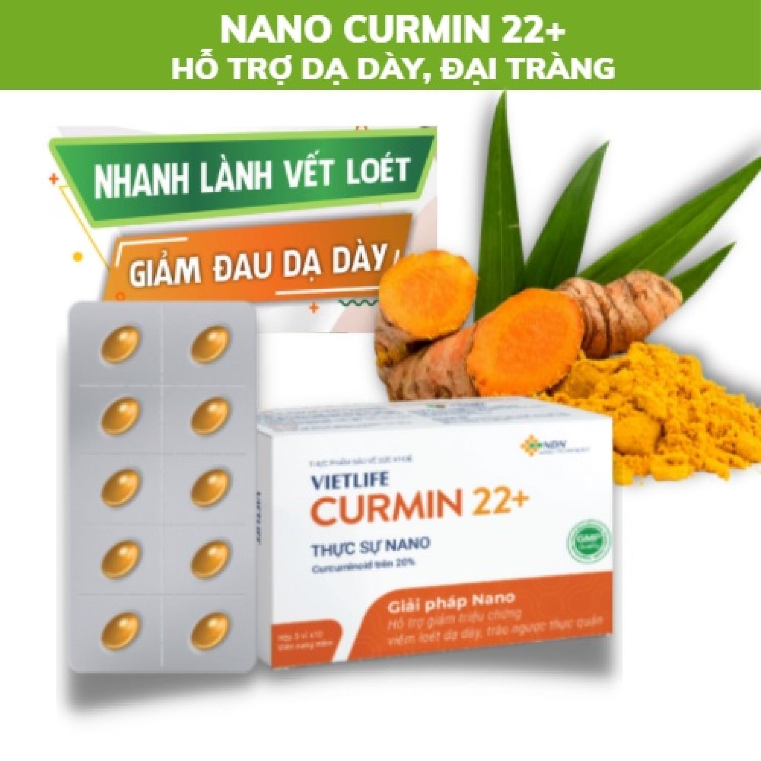 Viên Uống Vietlife Curmin 22+ Hỗ Trợ Giảm Triệu Chứng Viêm Loét Dạ Dày Tá Tràng - Bào Chế Công Nghệ Nano Xanh