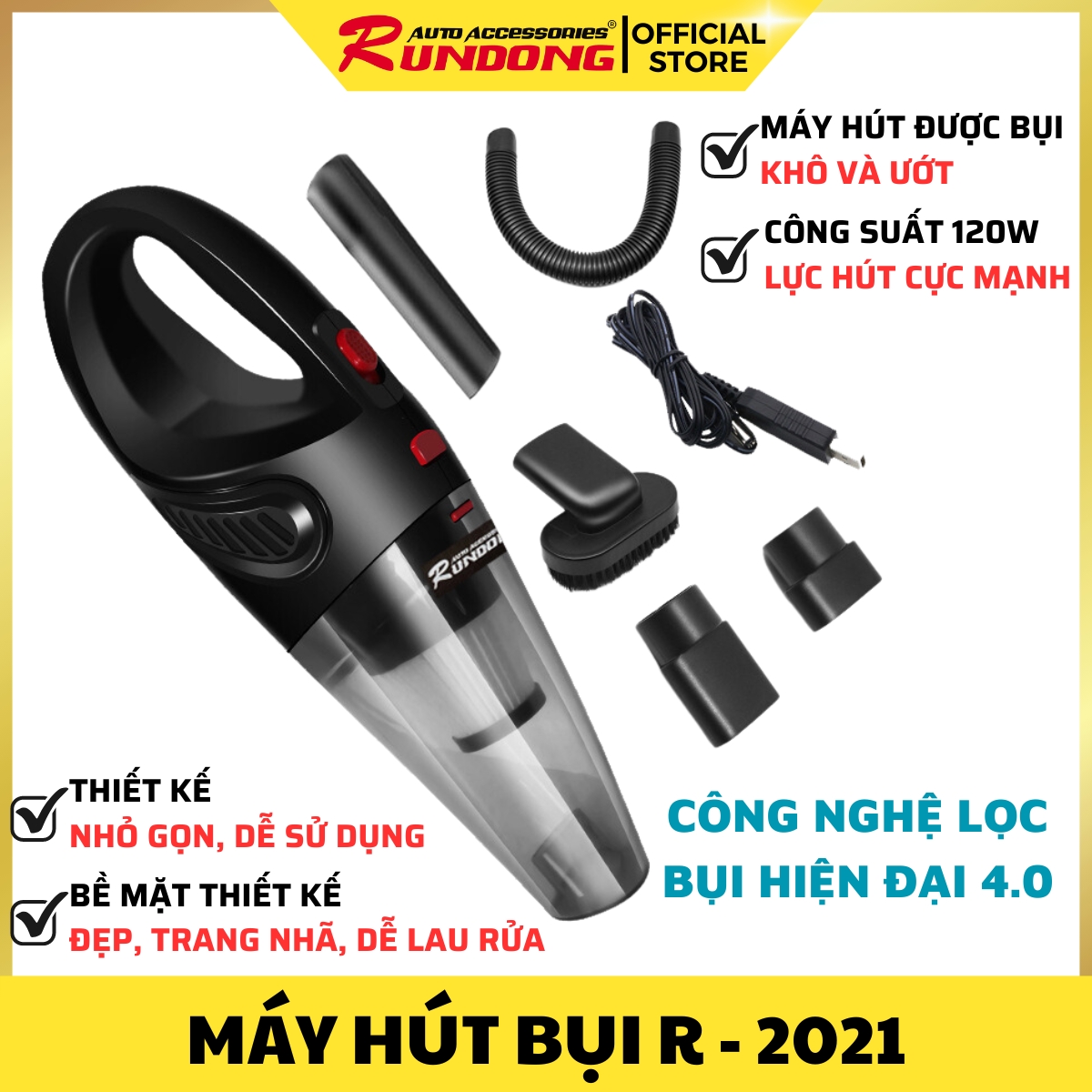 (KHỎE và ÊM) Máy hút bụi cầm tay RUNDONG R2021 cao cấp, công suất 120W, nhỏ gọn, tiện lợi dùng cho nội thất ô tô và gia đình