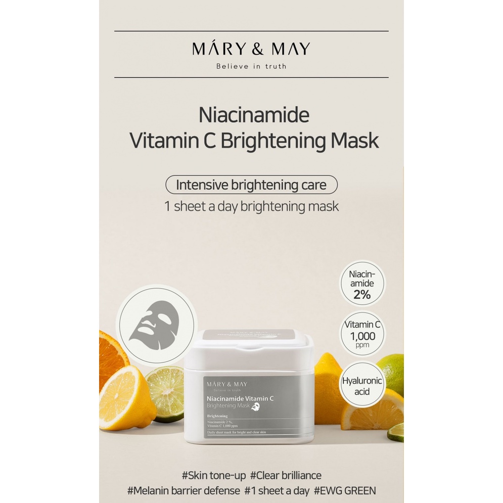 Hộp Mặt Nạ Giấy Sáng Da Mary&May Niacinanide Vitamin C Brightening Mask (hộp 30 miếng)