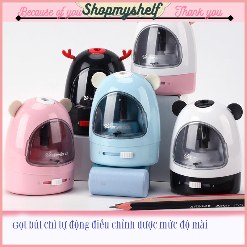 Đồ chuốt bút chì tự động Tenwin dễ thương có thể điều chỉnh mức độ mài+tặng kèm pin, gọt bút chì điên tiện lợi