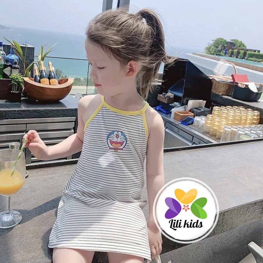 Váy 2 dây cho bé gái, váy hai dây sành điệu chất liệu cotton đũi mát mẻ kẻ sọc cho bé lilikids v01