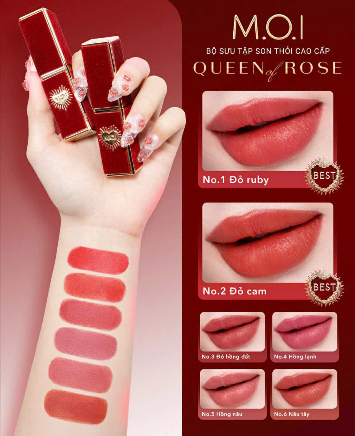 SON THỎI LÌ QUEEN OF ROSE BY M.O.I HỒ NGỌC HÀ  PHIÊN BẢN GIỚI HẠN . MUA 3 SON ( MẪU MỚI ) TẶNG TÚI N